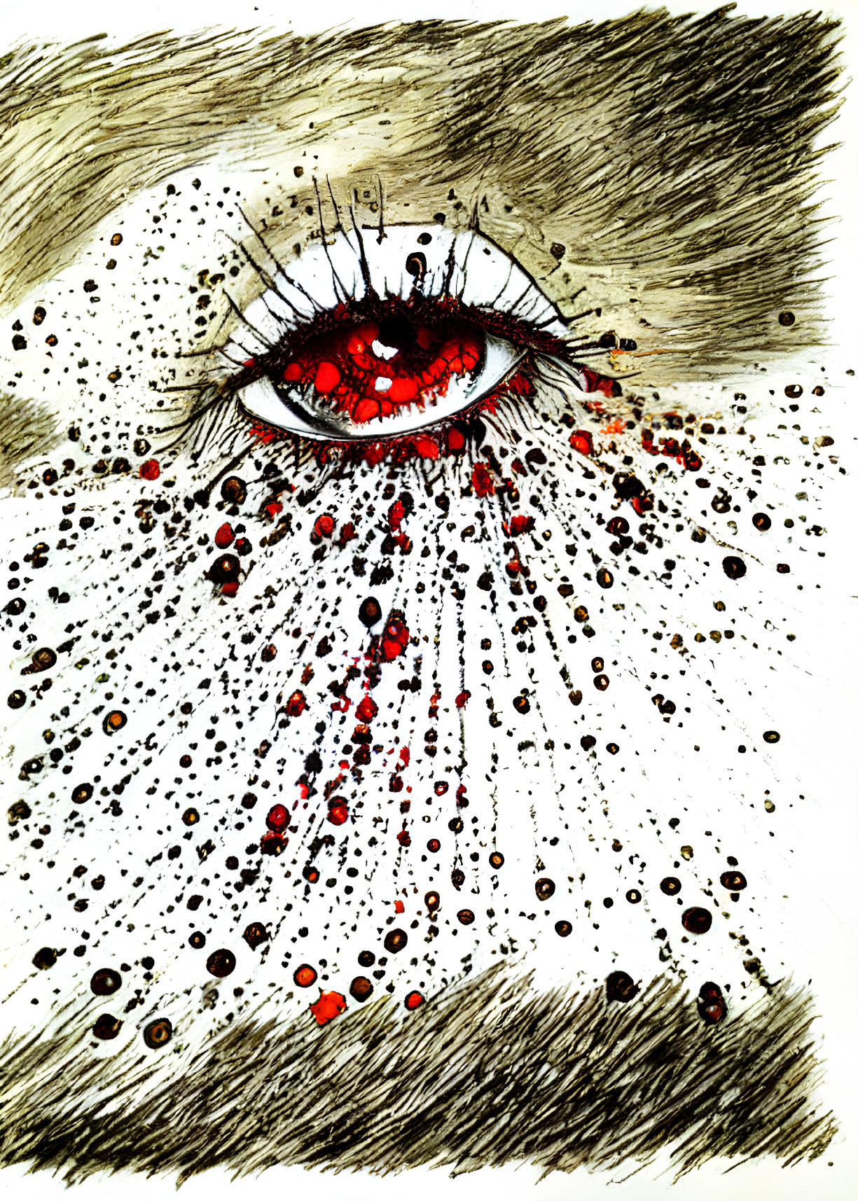 Detailed drawing of human eye with red iris amidst chaotic black and red ink splatters