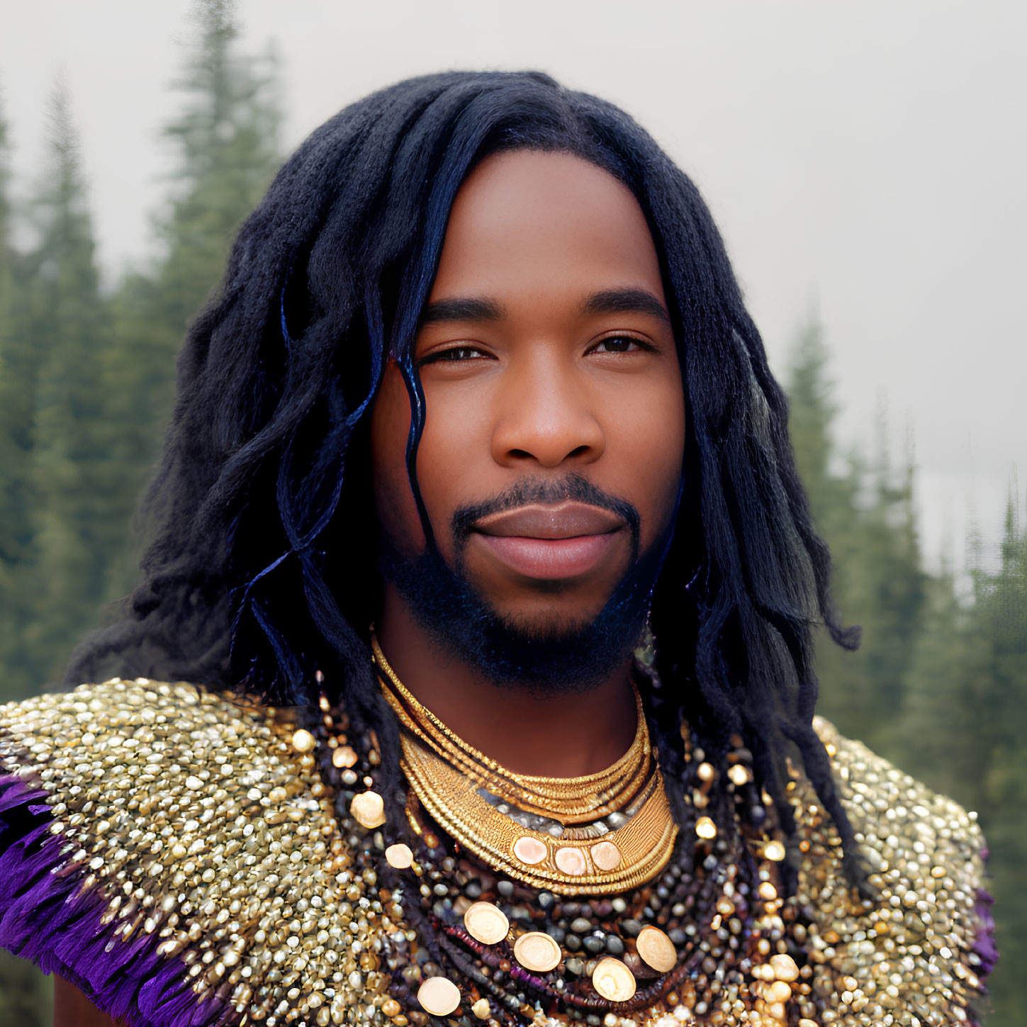 Person with long dreadlocks in colorful beaded outfit and gold necklaces in misty forest.