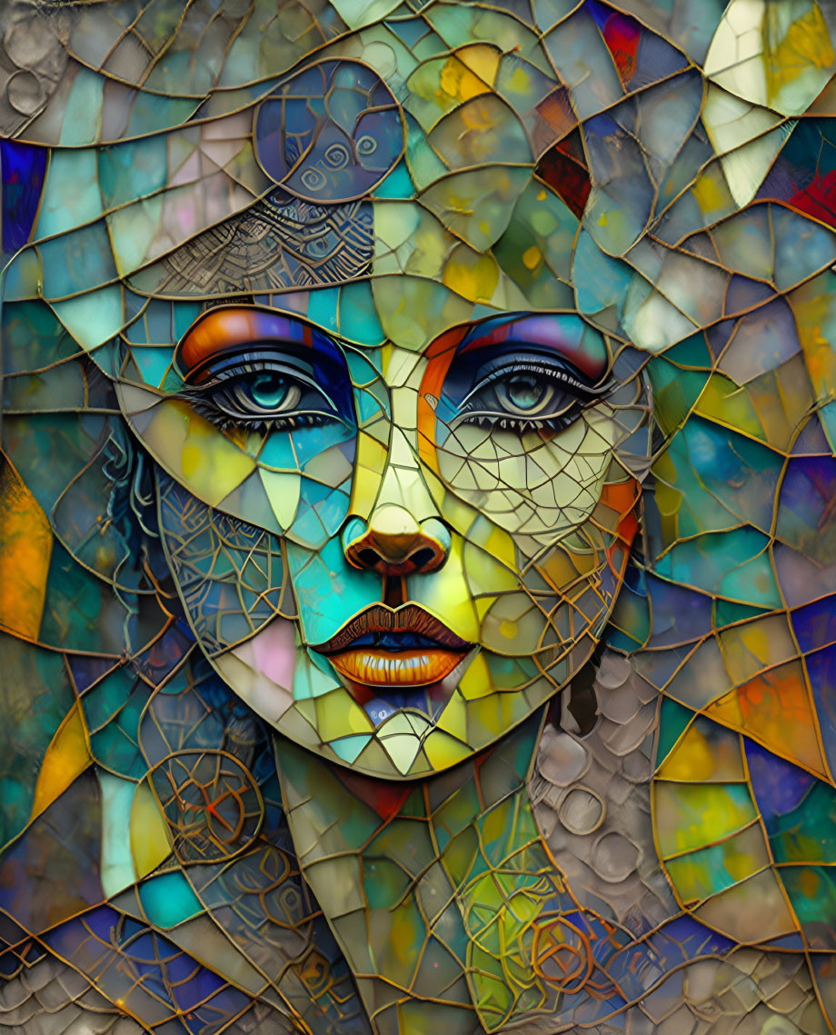 Vibrant digital portrait of a woman with mosaic effect