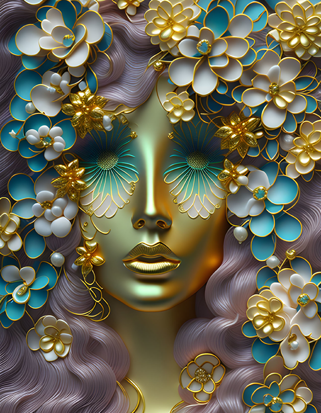 Golden-skinned female figure with floral hair in surreal portrait.