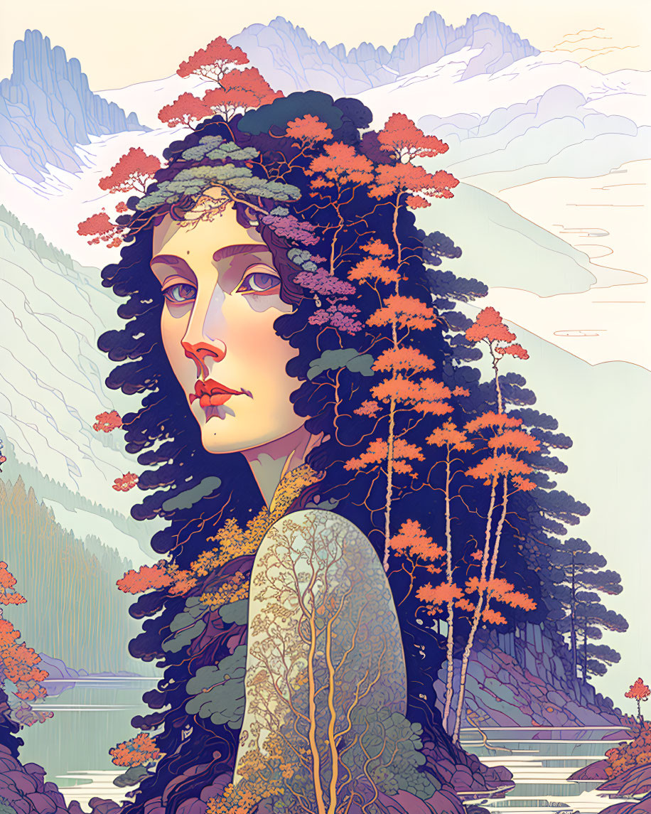 Illustrated woman with tree hair in art nouveau style landscape