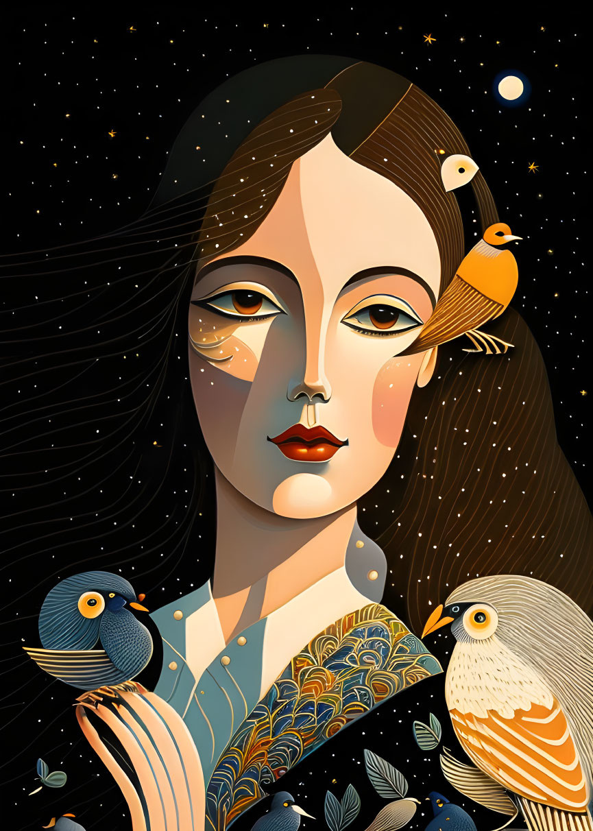 Woman illustration with starry background and birds, serene expression