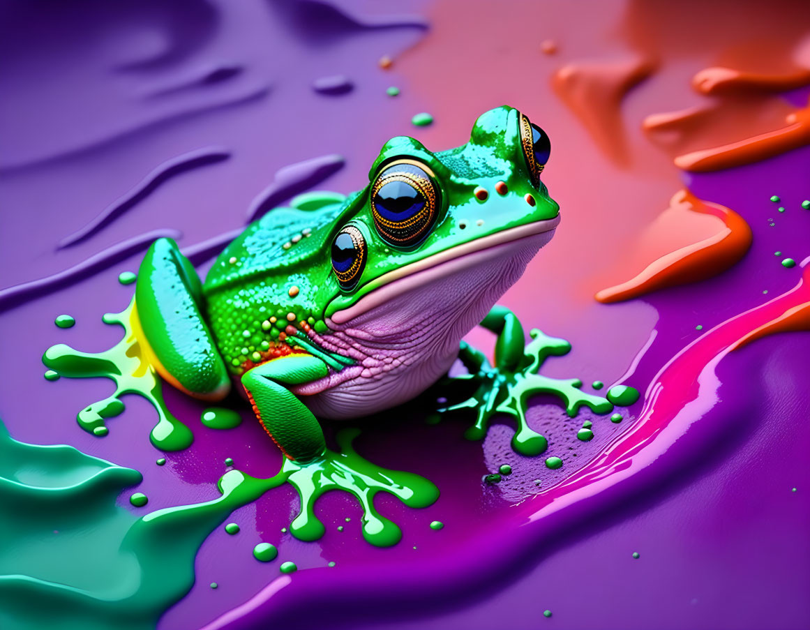 Colorful digital artwork: Green frog with exaggerated eyes in neon paint splashes