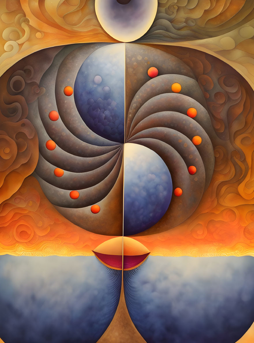 Symmetrical surreal artwork: warm tones, spheres, swirling patterns, cosmic harmony