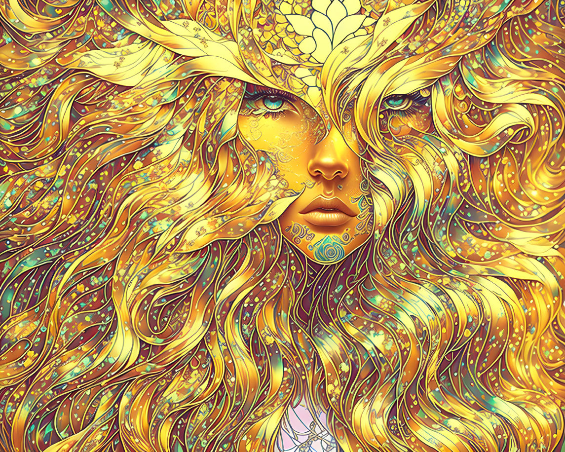 Intricate illustration of woman with lion features and golden hair