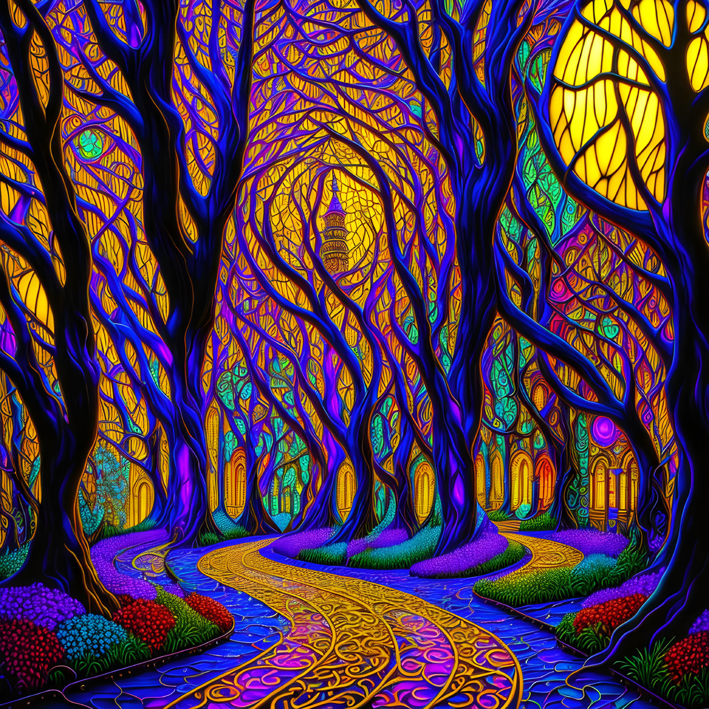 Colorful, psychedelic illustration of a winding path through vibrant trees with a glowing moon and whimsical building