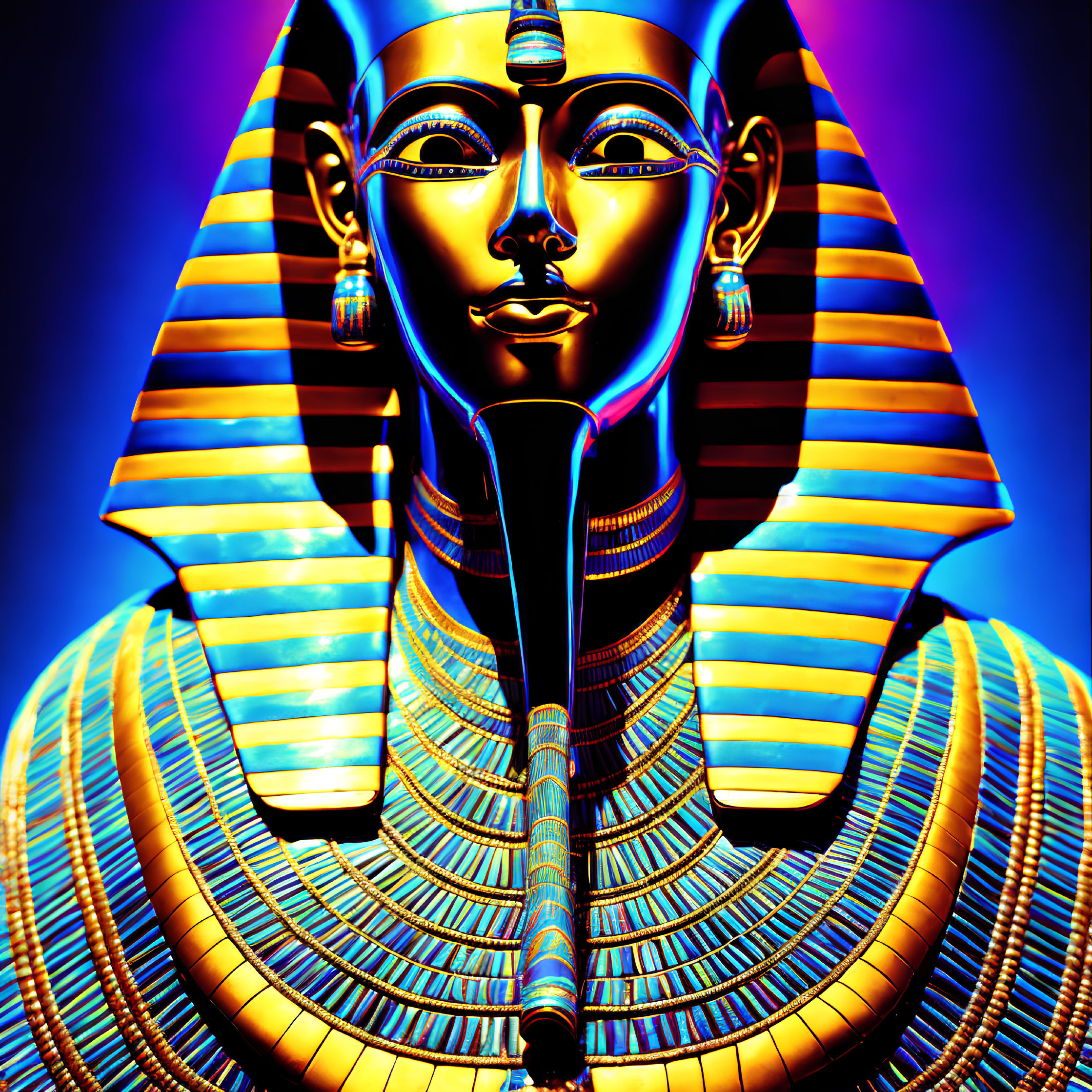 Egyptian Pharaoh Bust with Blue and Gold Tones on Dark Background