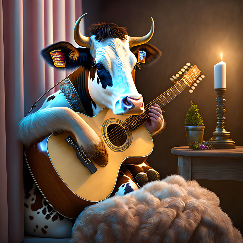 Anthropomorphic cow playing guitar by candlelight with badges in cozy indoor scene