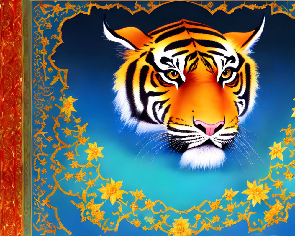 Colorful Tiger Face Illustration on Blue Background with Floral Patterns and Red Gold Border