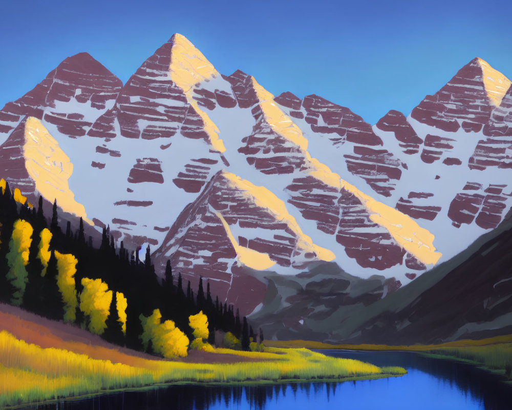 Scenic mountain range with snow-capped peaks and autumn trees