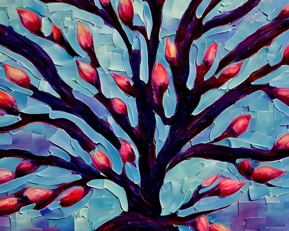 Tree Painting: Red Buds on Blue Mosaic Background