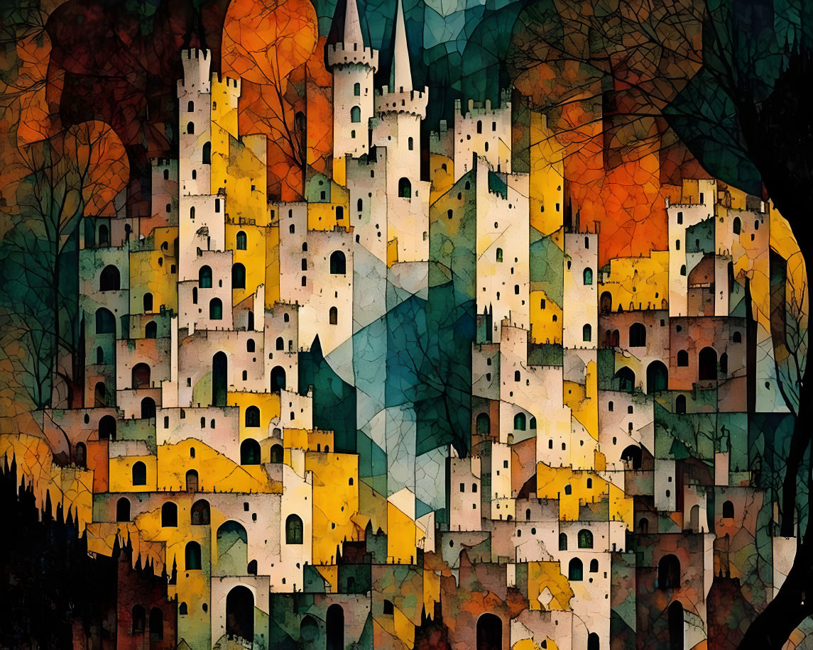 Castle with Towers and Battlements in Autumn Foliage: Geometric and Organic Shapes