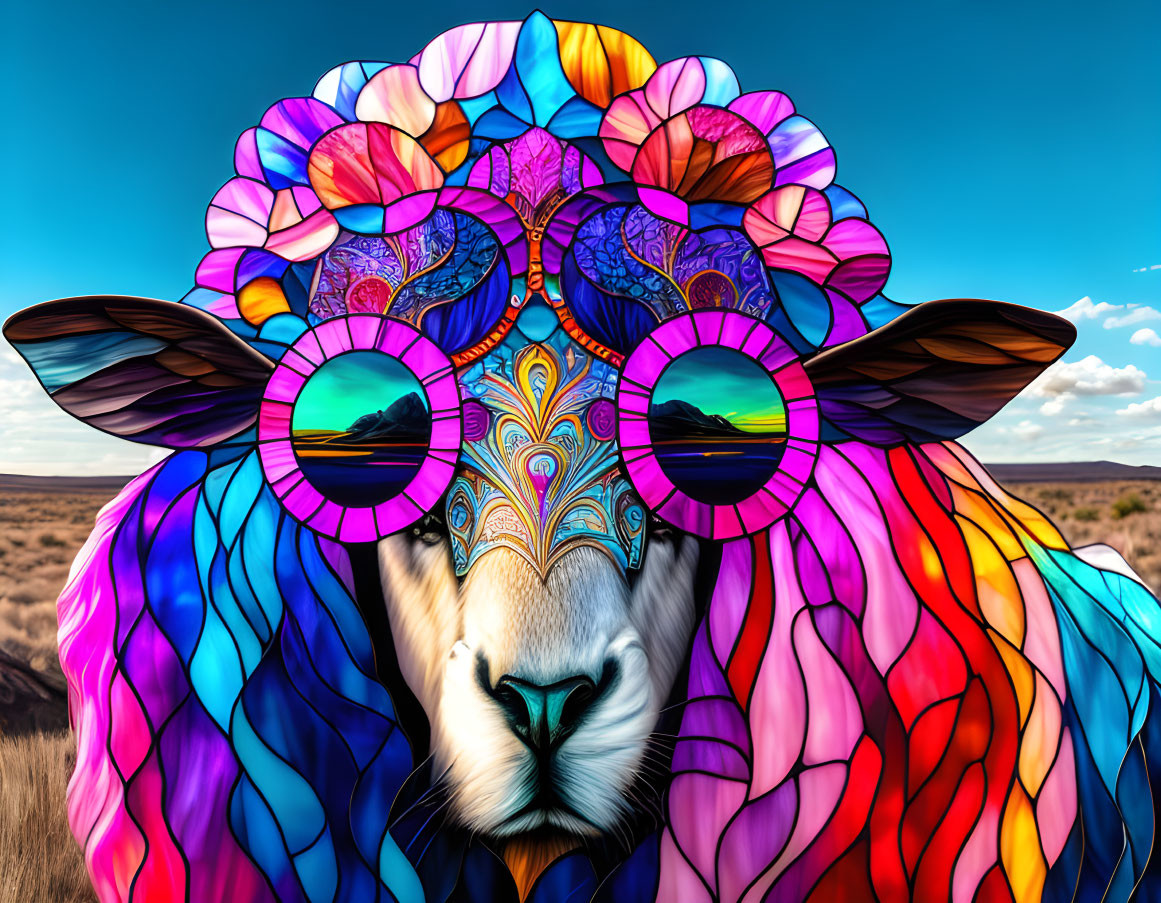 Colorful Sheep Illustration with Psychedelic Patterns and Sunglasses in Desert