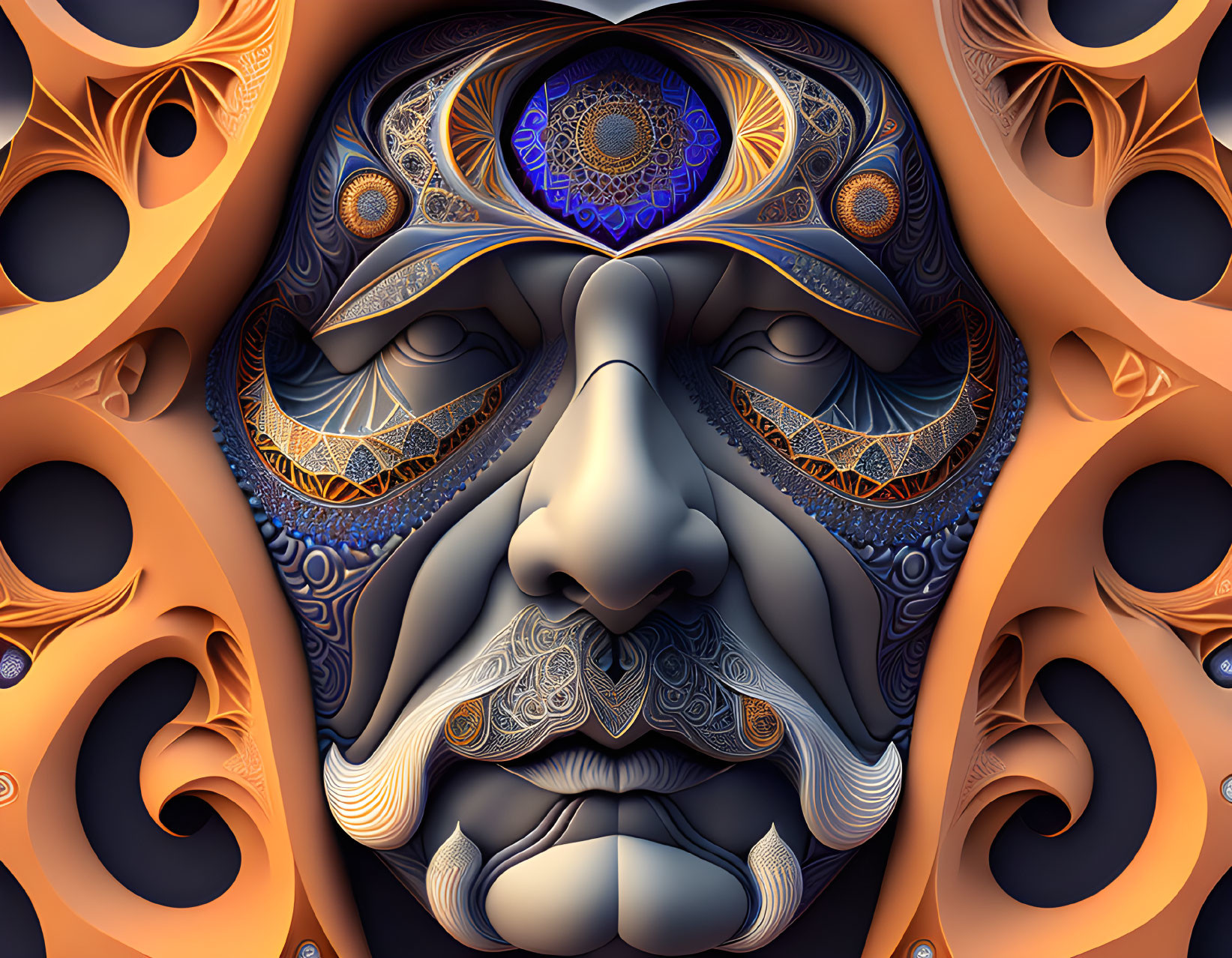 Detailed digital artwork: Ornate, symmetrical mask face with intricate patterns & warm earth tones