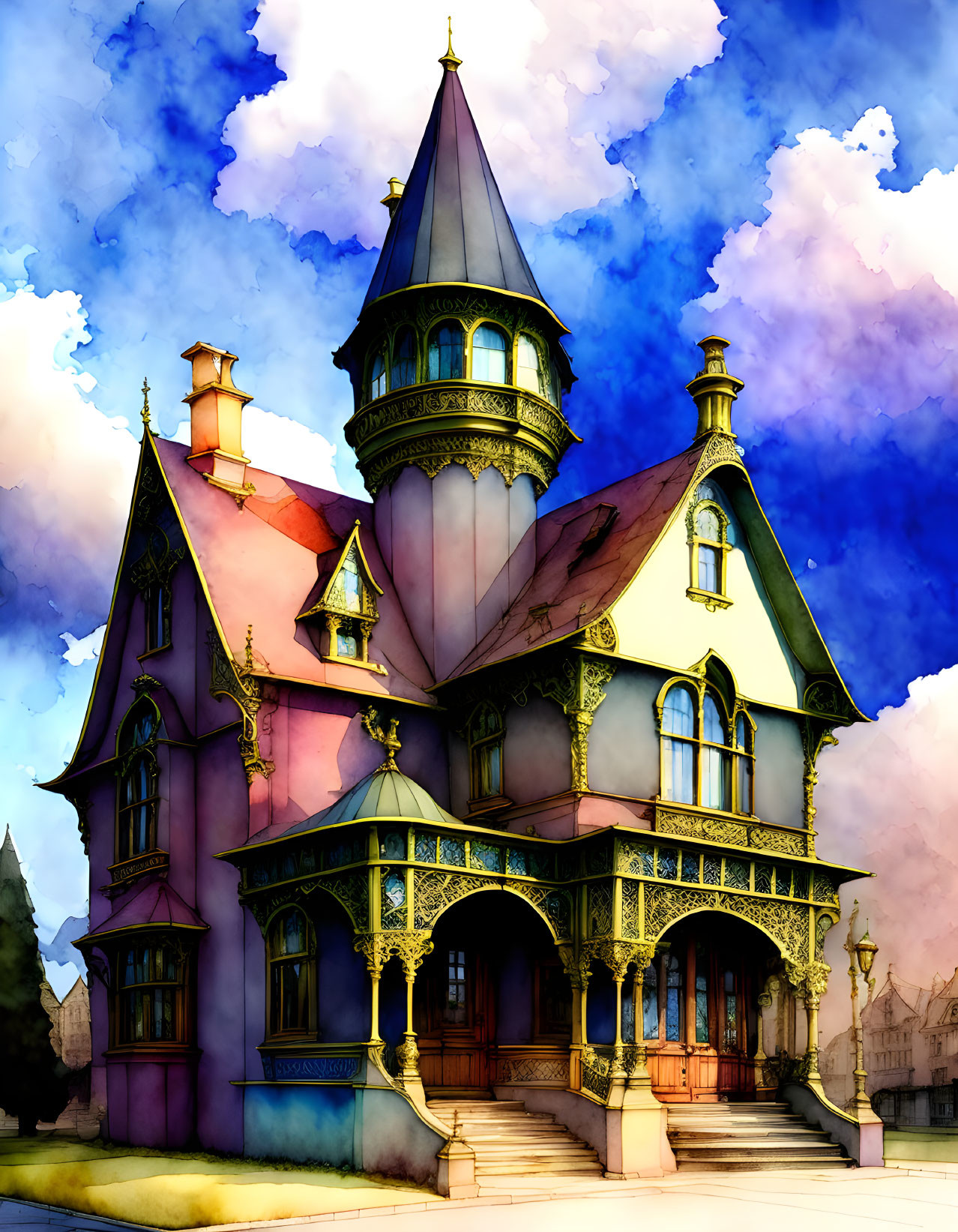 Vibrant Victorian-style house with turret and balconies in whimsical illustration