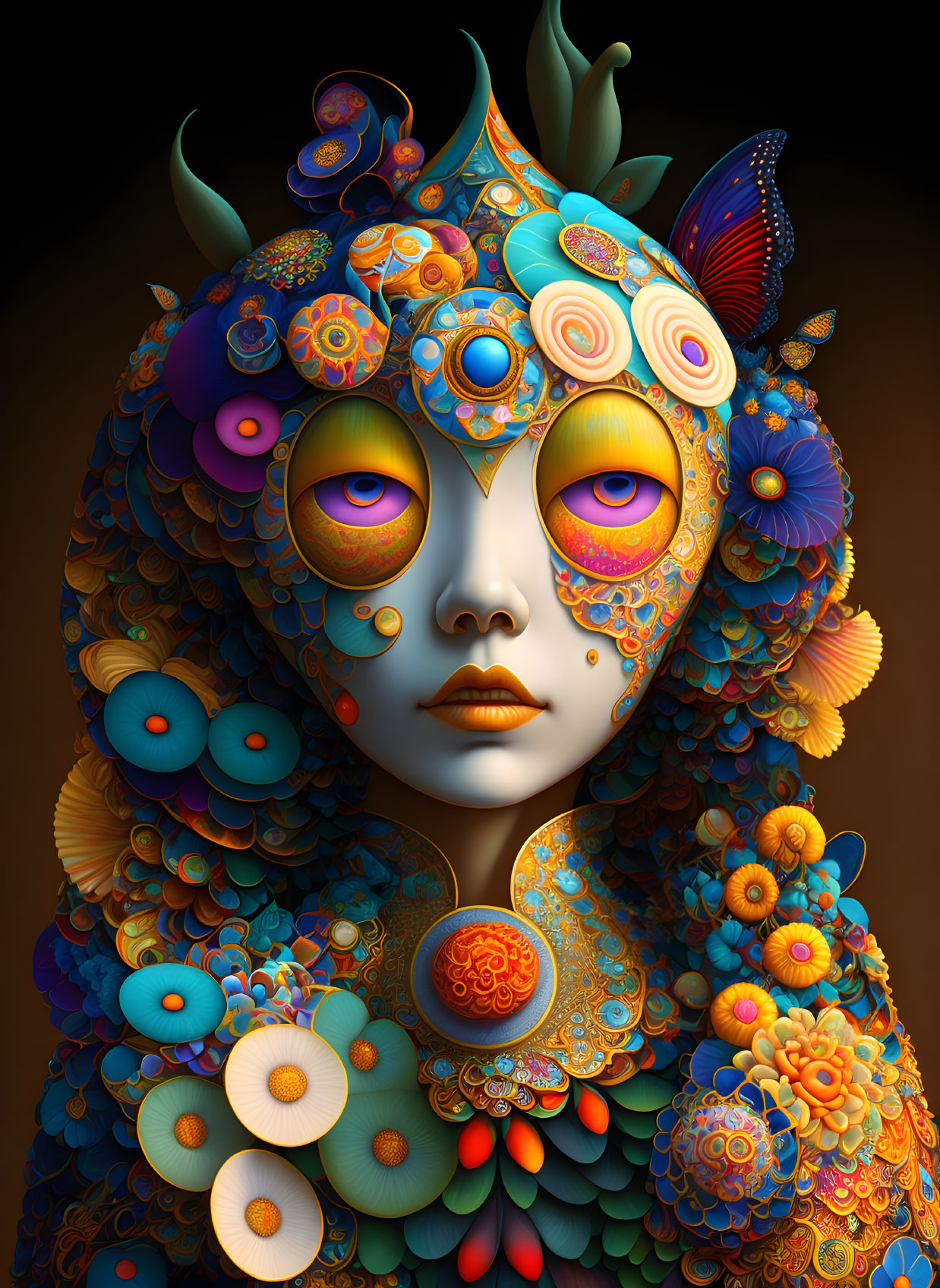 Colorful surreal character with intricate patterns and floral elements.