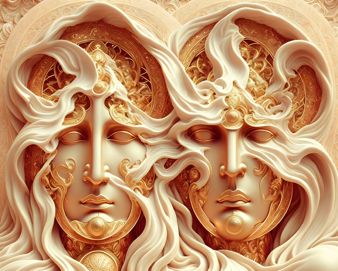 Symmetrical digital artwork: Gold and cream baroque faces.