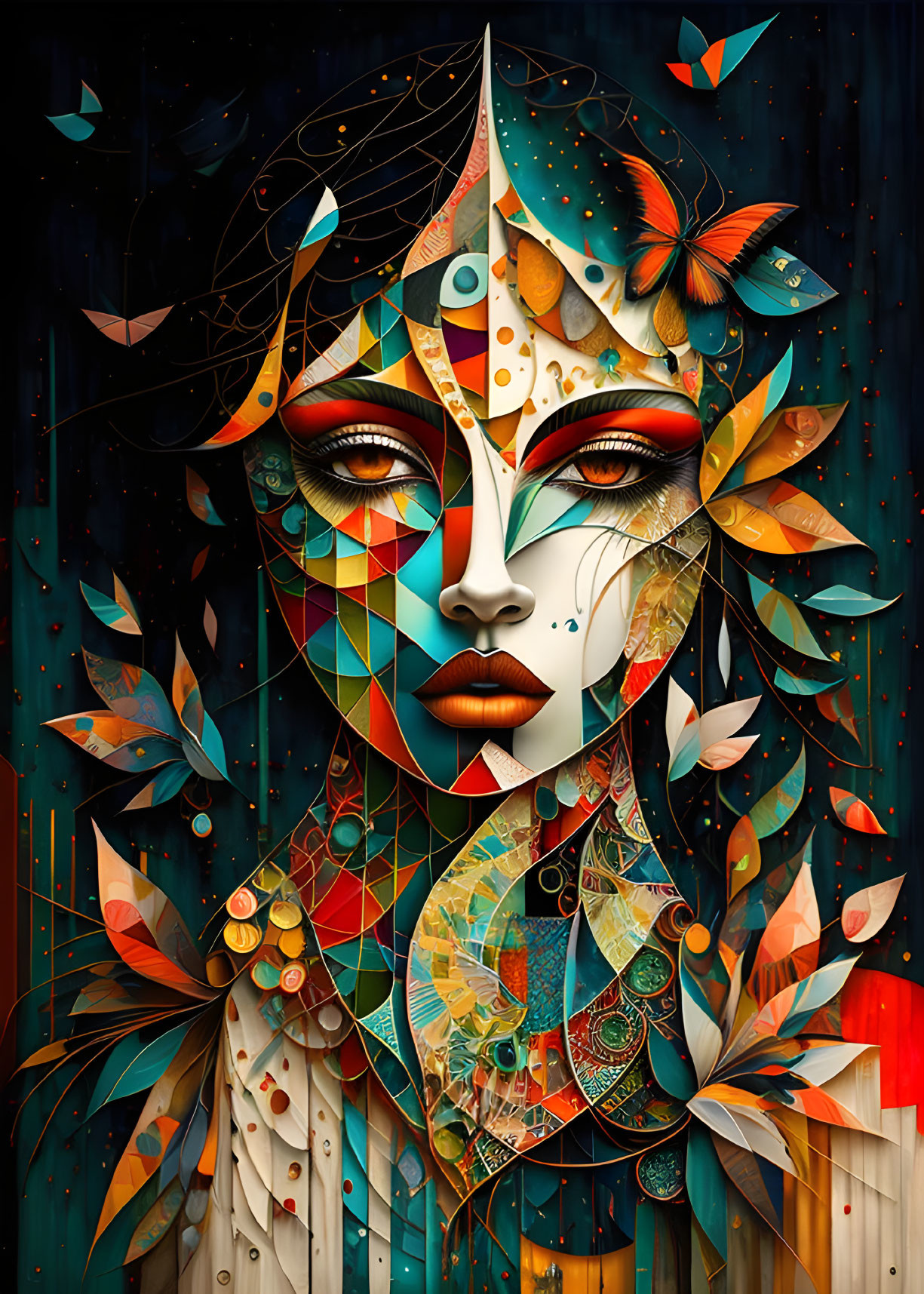 Colorful abstract portrait of a woman with geometric design and nature elements