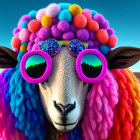 Colorful Sheep Illustration with Psychedelic Patterns and Sunglasses in Desert