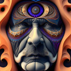 Detailed digital artwork: Ornate, symmetrical mask face with intricate patterns & warm earth tones
