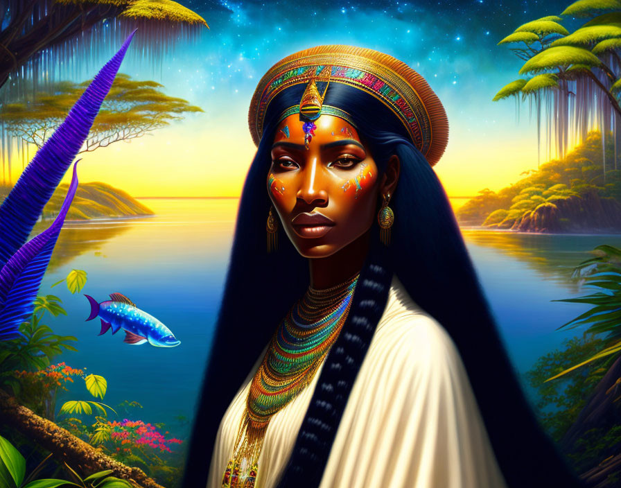 Traditional African adorned woman in serene lake setting