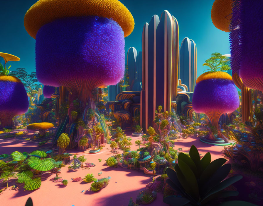 Alien landscape with towering mushroom-like structures and lush vegetation