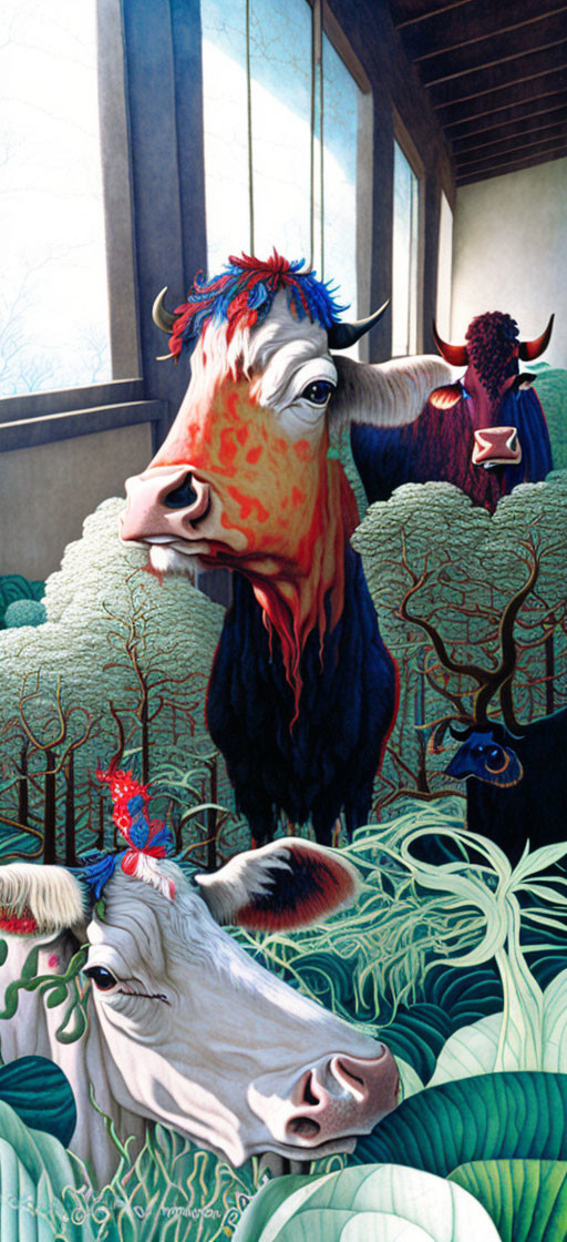 Surrealist painting featuring colorful cows in lush foliage