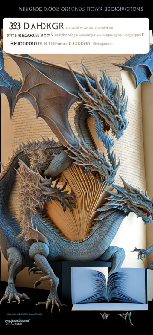 Three-headed dragon emerging from open book on scripted background