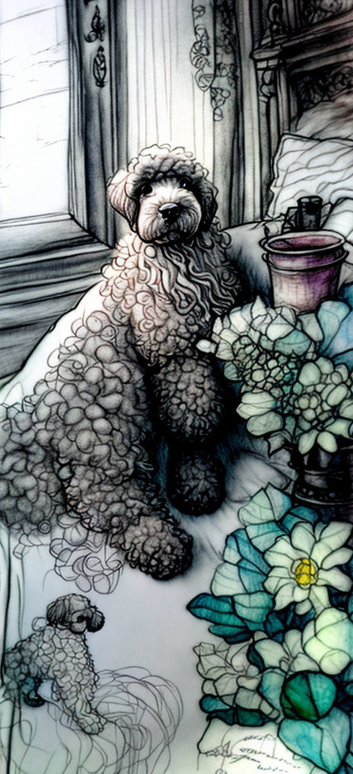 Curly-Haired Dog Sitting by Window with Plants and Mirrored Reflection