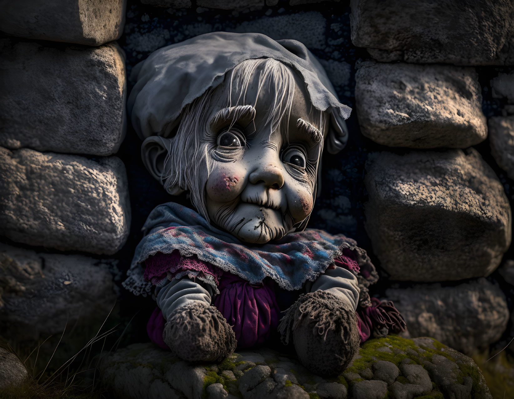 Hyperrealistic Doll in Bonnet and Colorful Clothes Sitting Against Stone Wall
