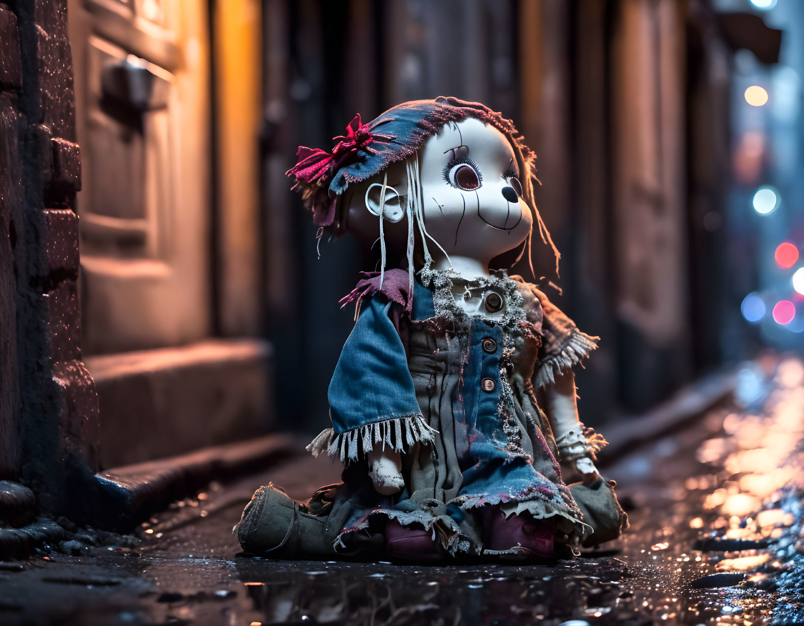 Button-eyed rag doll seated on wet cobblestone street at night