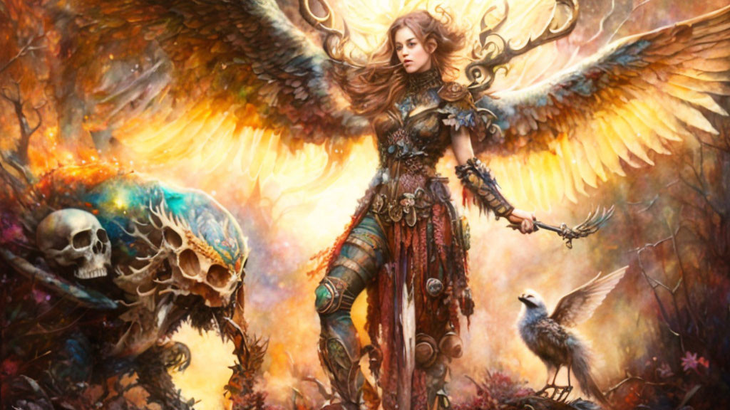Fantastical warrior angel with expansive wings among skulls and a raven in glowing armor