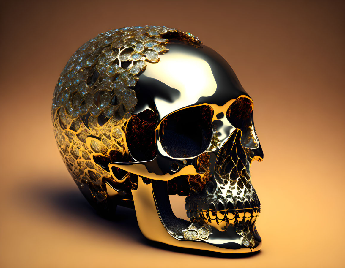 Shiny metallic skull with golden filigree patterns and sunglasses on orange background