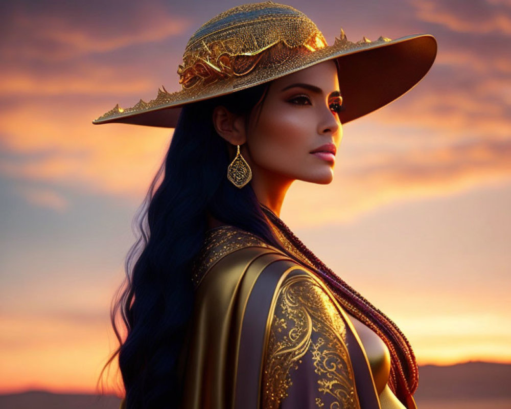 Woman in ornate gold-trimmed hat and gown against vivid sunset sky