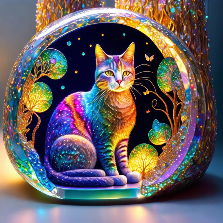 Colorful Cat Inside Luminous Sphere with Butterfly and Tree Motifs