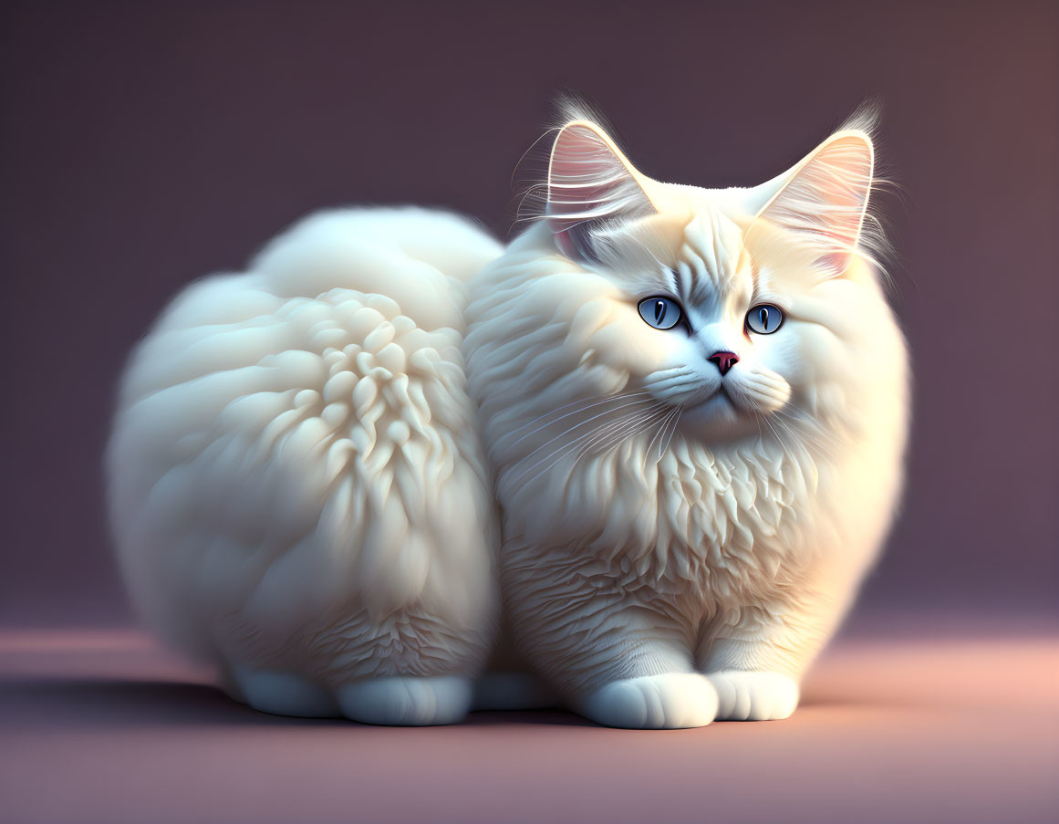 White Cat with Blue Eyes and Lush Fur on Purple Background