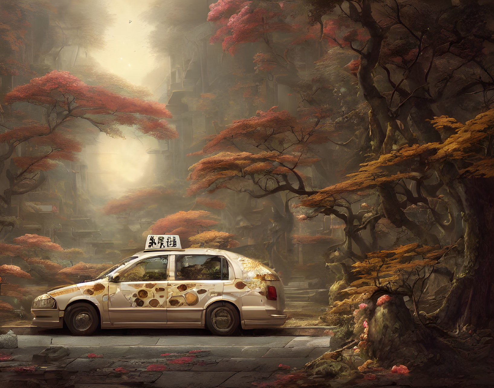 Decorated Car with Floral and Paw Print Designs in Mystical Forest with Ancient Ruins