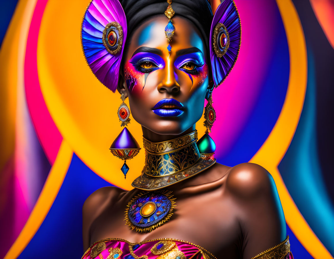 Colorful portrait of woman with bold blue makeup and ornate jewelry on vibrant background