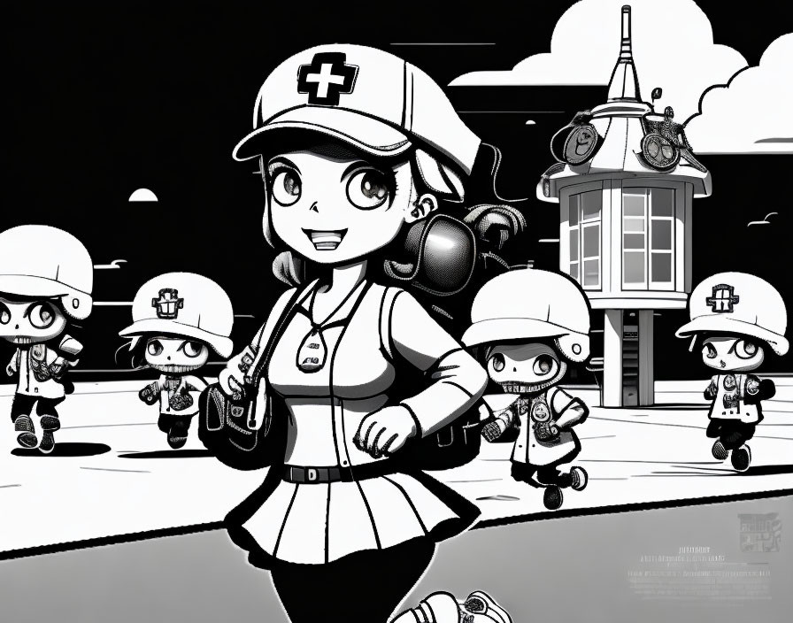 Monochrome illustration of confident nurse and small figures in helmets near fantastical building