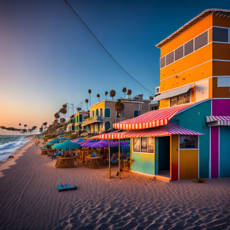 Vibrant beachfront buildings with striped awnings, palm trees, and serene ocean view.