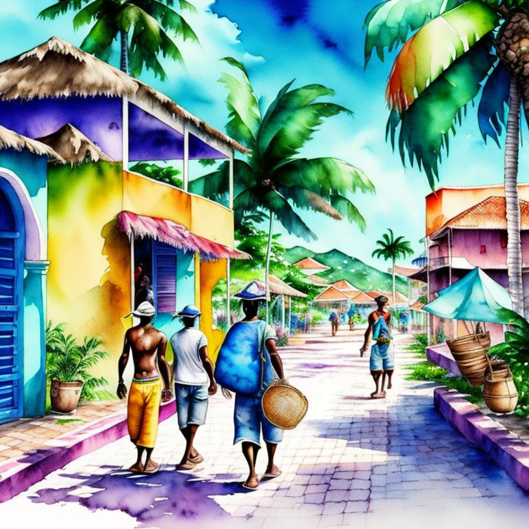 Colorful painting of people on sunny tropical street