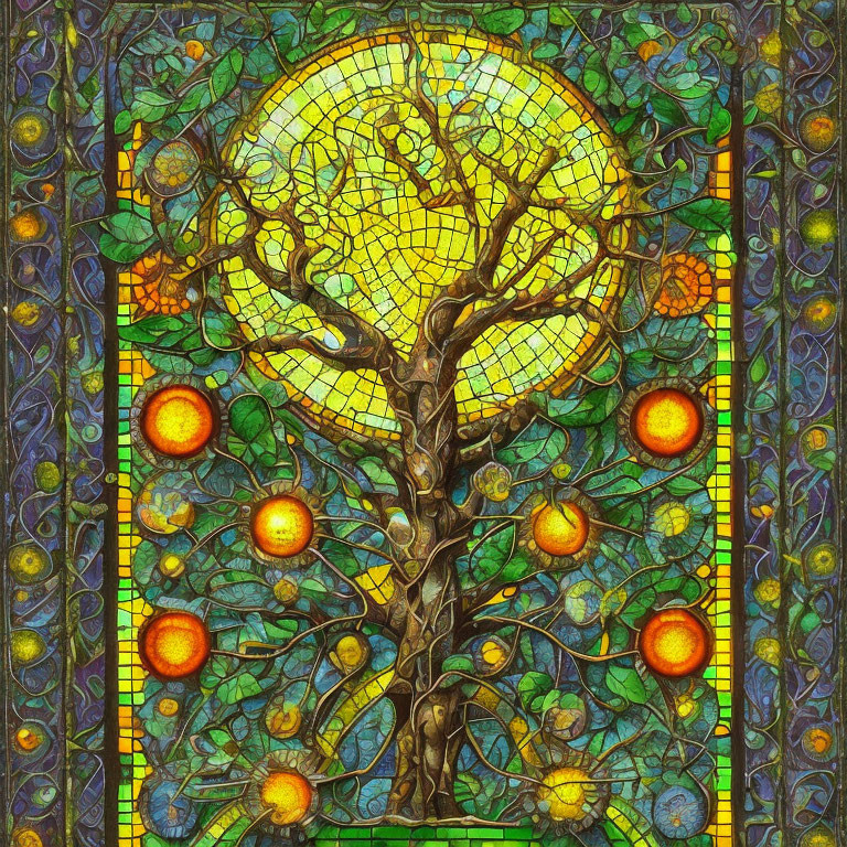 Vibrant tree with golden fruits in stained glass window