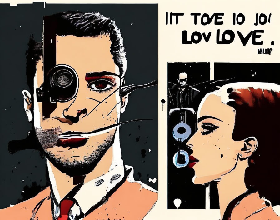 Stylized comic-like image with man and woman in profile split into panels