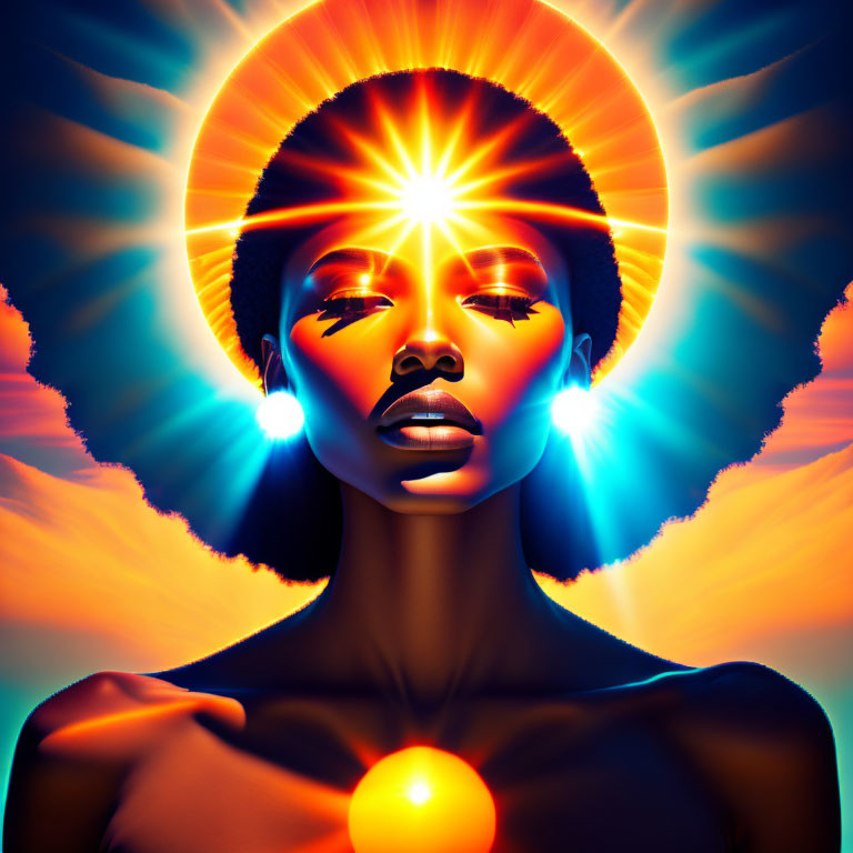 Vibrant portrait of a woman with glowing orbs and radiant halo on blue and orange backdrop