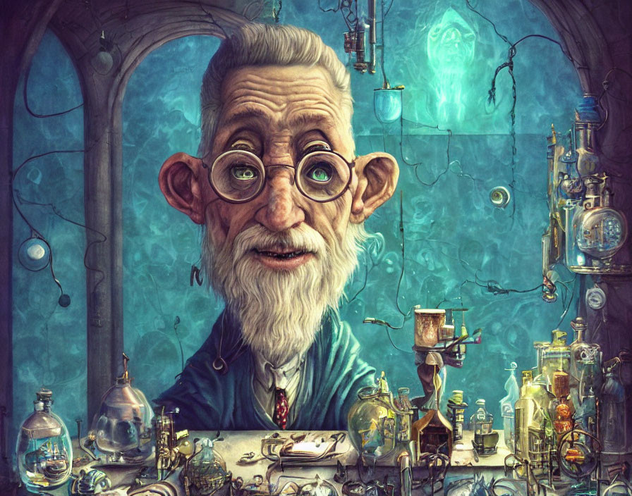 Elderly man in cluttered alchemist's lab with magical elements