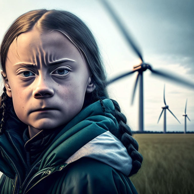 Young girl with braided hair frowning near wind turbines at dusk