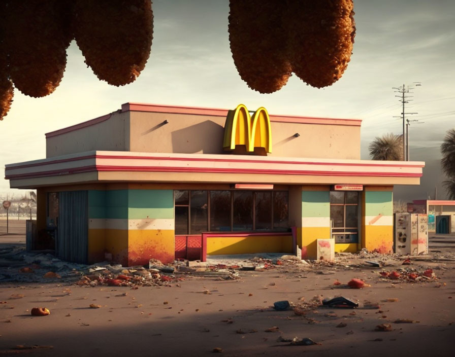 Desolate McDonald's restaurant in abandoned setting