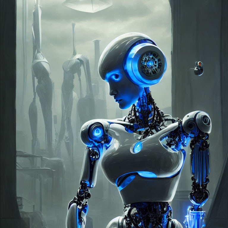 Blue humanoid robot with intricate mechanical details in futuristic room.