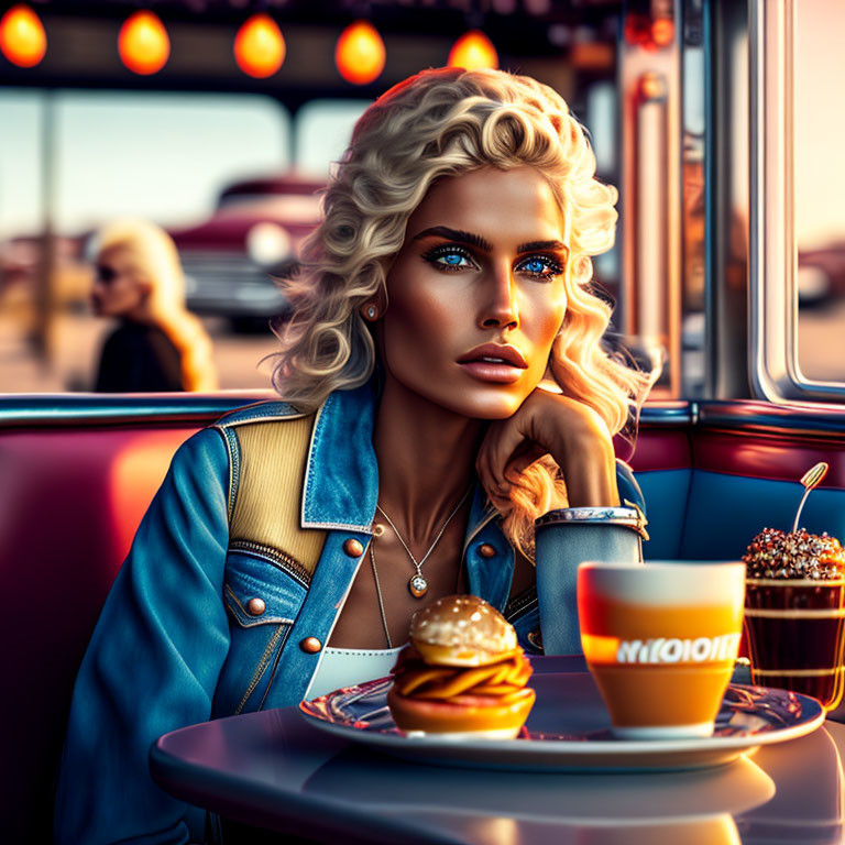 Stylish woman at diner booth with coffee cup and burger in warm retro ambiance