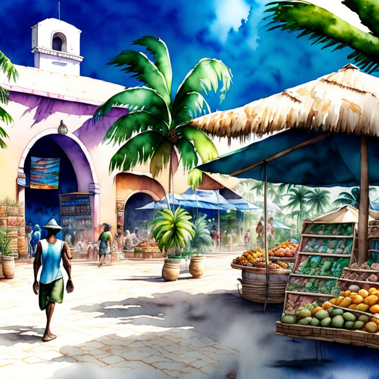 Tropical market scene with fresh produce stands and arched building entrance